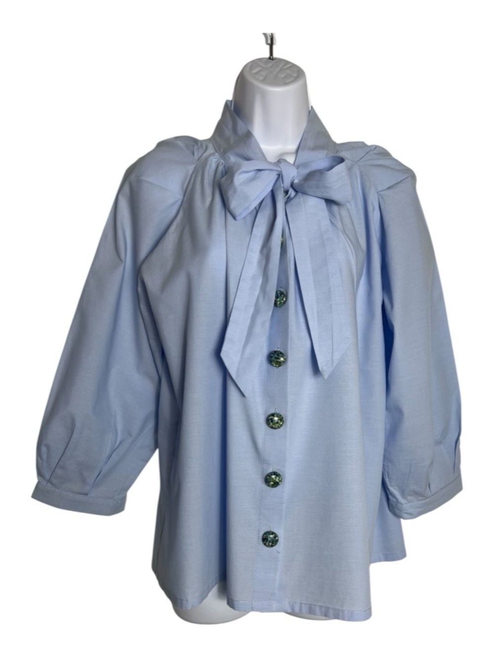 BURU Pink Label Cornflower Blue Bow Blouse Statement Buttons Size S
